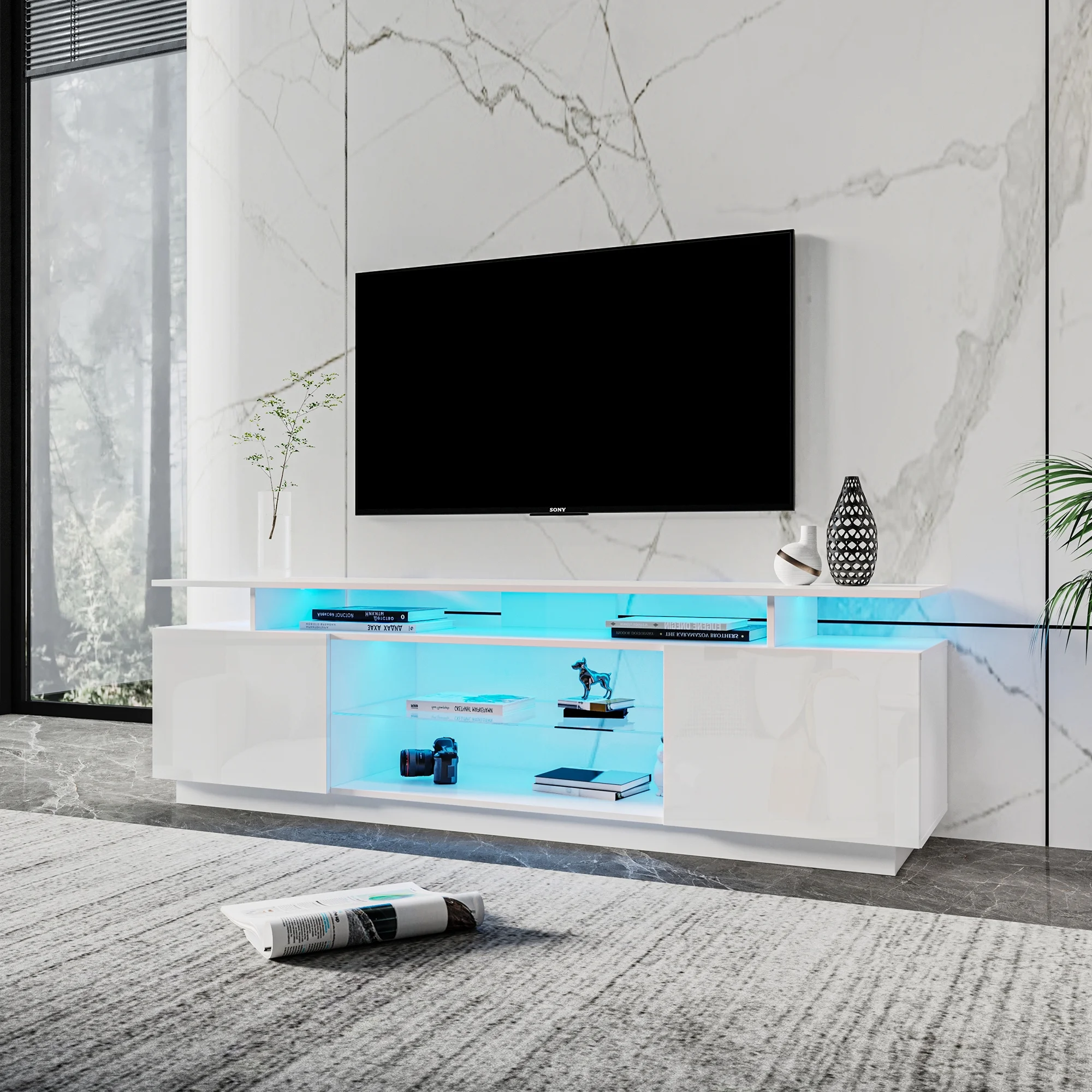 Paproos TV Stand for 75 Inch TV, High Gloss TV Cabinet with 20 Colors LED Light and Remote, Living Room TV Console Table with Storage Cabinets&Shelves, Entertainment Center for 70-80 Inches TV, White