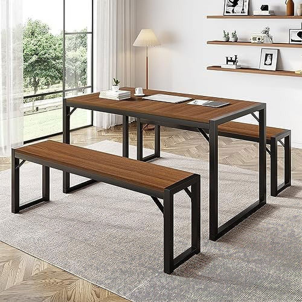 TJUNBOLIFE Dining Table Set for 4-6 Modern Rustic Table with Metal Frame and Wood Board for Kitchen & Dining Room with Benches Space-Saving Dinette for Small Space Black&Walnut  3