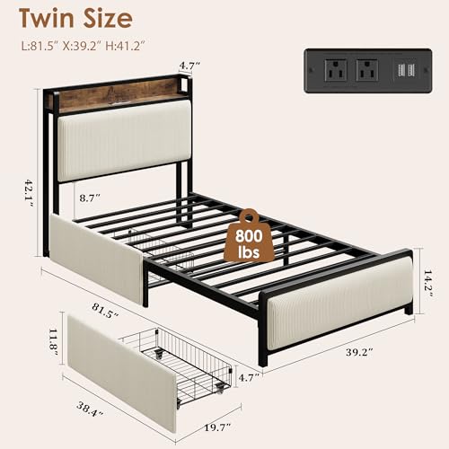 GAOMON Full Size Bed Frame with Storage Headboard and 2 Drawers, Linen Upholstered Platform Bed Frame with Charging Station, Heavy Duty, No Box Spring Needed, Easy Assembly, Noise Free, Grey&Brown