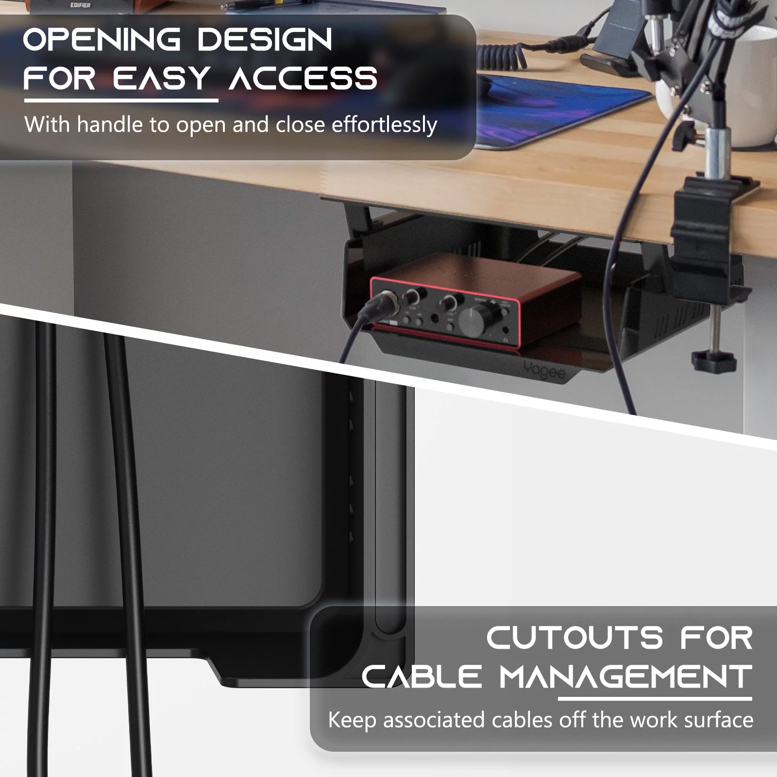 YaGee Under Desk Storage Shelf, Self-Adhesive Under Desk Tray for Standing Desk, Work Station, Gaming Battlestations, Replaces Drawer Organizers for Home, Office Holder, Black