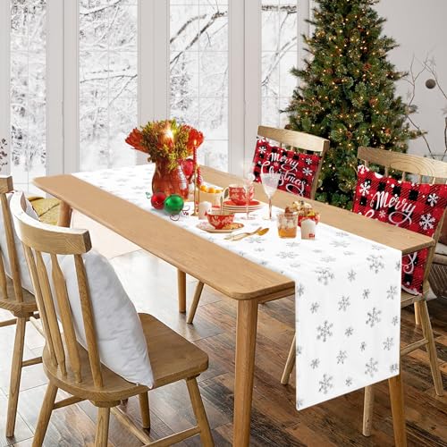 Faux Fur Christmas Table Runners 72 inches Long, Gold Sequin Snowflake Table Runner Xmas Table Runner for White Super Soft Thick Luxury Christmas Table Decoration, 13x72 inch