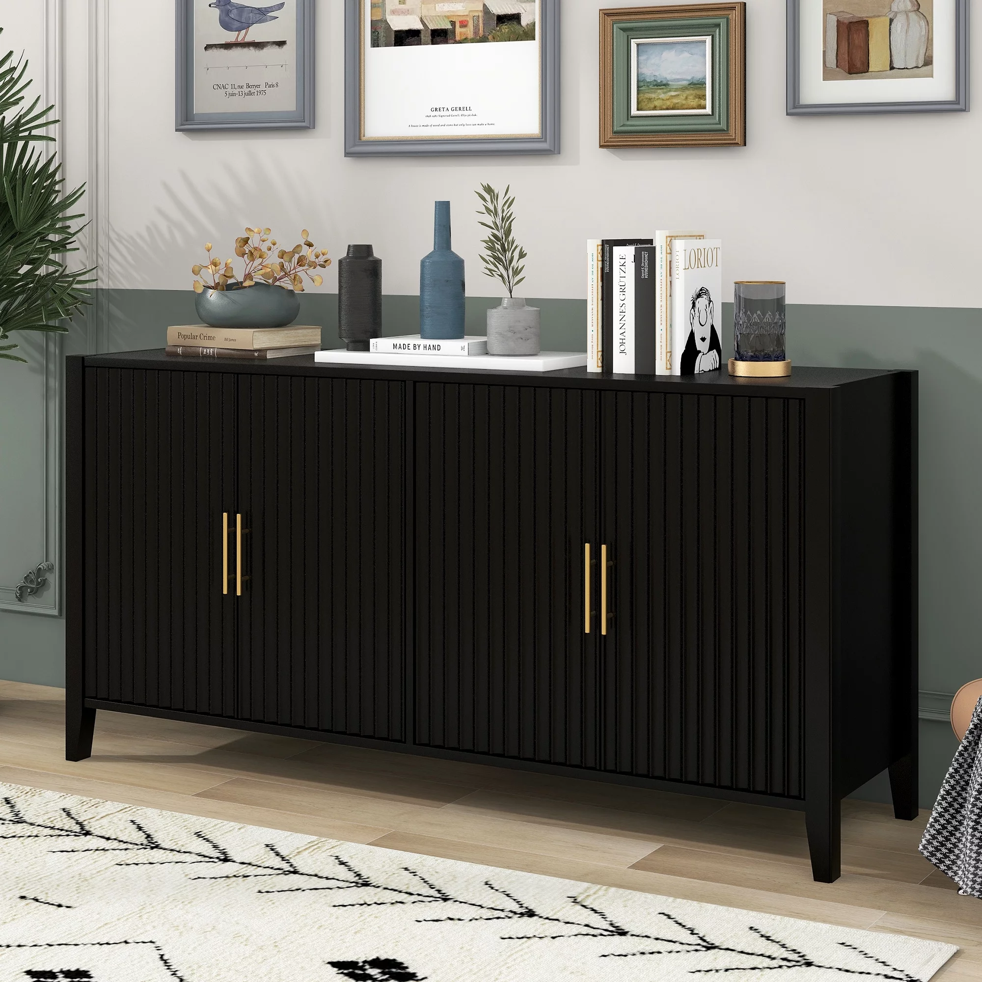 Black Accent Cabinet, KAMIDA Storage Cabinet Furniture, Modern Buffet Sideboard, Wooden Accent Cabinet with 5 Legs, Accent Storage Cabinet for Entryway Hallway Living Room, 63.1