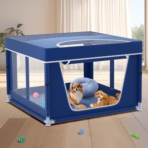 42x42x26 Inches Puppy Playpen with Top Cover, Dog Playpen for Small or Puppy, DogFence Pet Playpen for Indoor & Outdoor, Sturdy Safety Dog Pen with Durable Mesh Windows, Blue