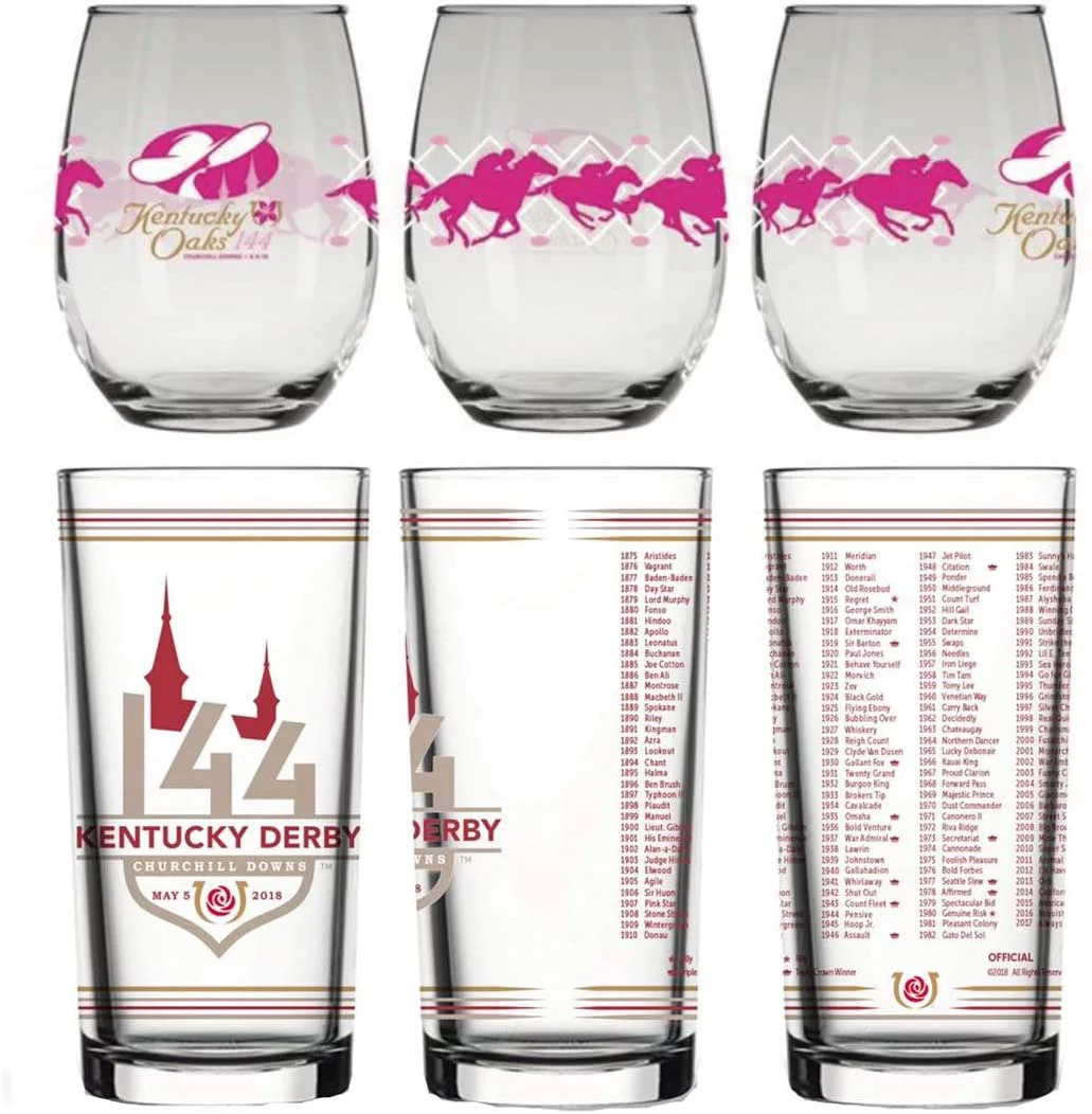 144th Kentucky Derby Mint Julep Glass & Kentucky Oaks Lily Wine Glass Set, Year 2018
