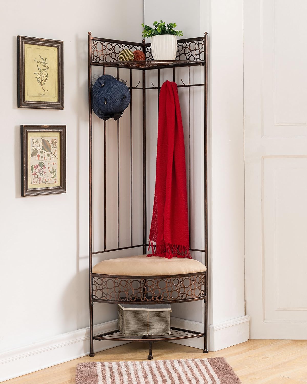 KB Designs - 6-Hook Corner Hall Tree Storage Bench with Coat Rack, Brushed Copper