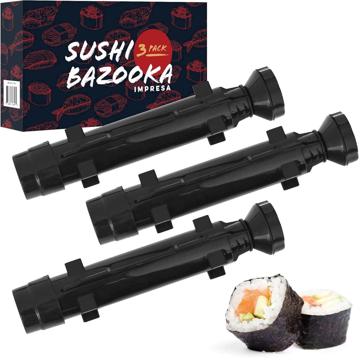 IMPRESA [3 Pack Bazooka Sushi Roller - Sushi Maker Mold for the Perfect Sushi Roll - Squeeze & Dispense Easy for Sushi Party - Makes 8
