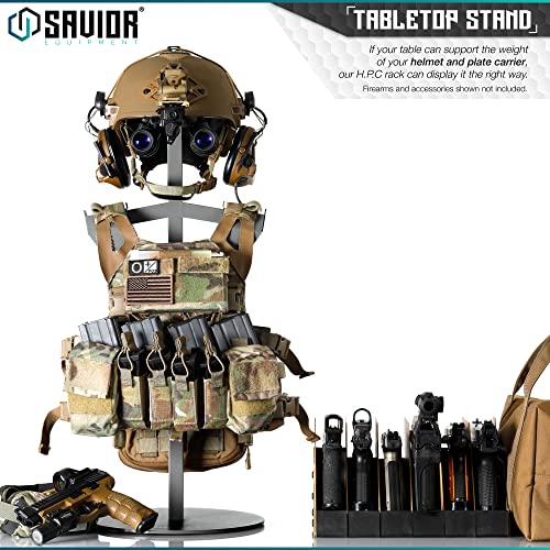 Savior Equipment H.P.C Tactical Gear Stand Tabletop Helmet Vest Display Rack, Military Gear Holder Plate Carrier Indoor Home Garage Free-Standing Organizer, Heavy Duty Steel Hold Up To 70 lbs