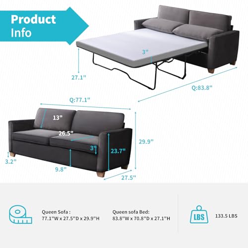 CECER Queen Size Pull Out Sofa Bed, 2-in-1 Design Pull Out Couch Bed with Foldable Mattress, Upholstered Velvet Convertible Sleeper Couch Bed for Living Room, Apartment, Office (Queen, Beige)