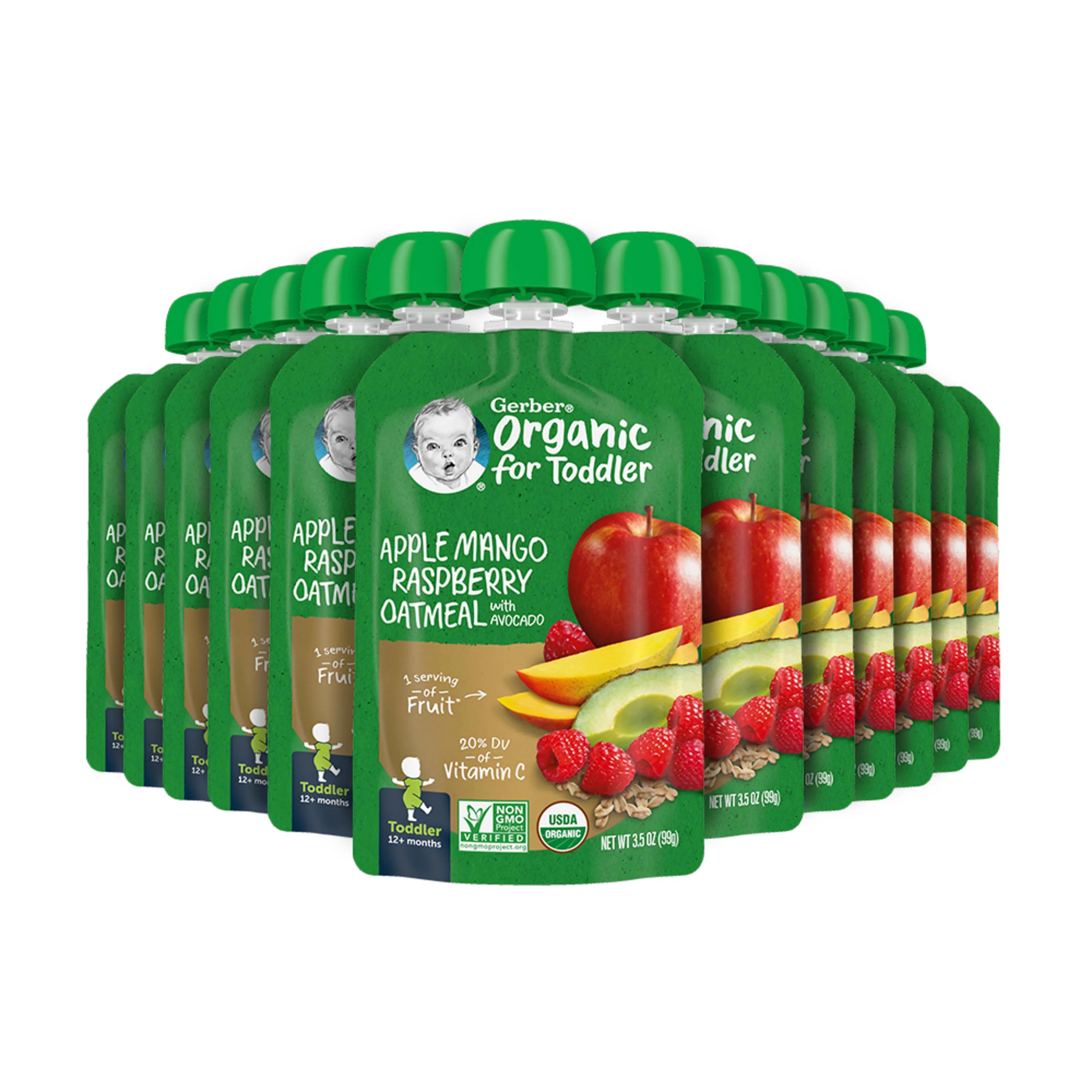 Gerber Organic for Toddler, Apple Mango Raspberry Oatmeal with Avocado, 3.5 oz Pouch (12 Pack)
