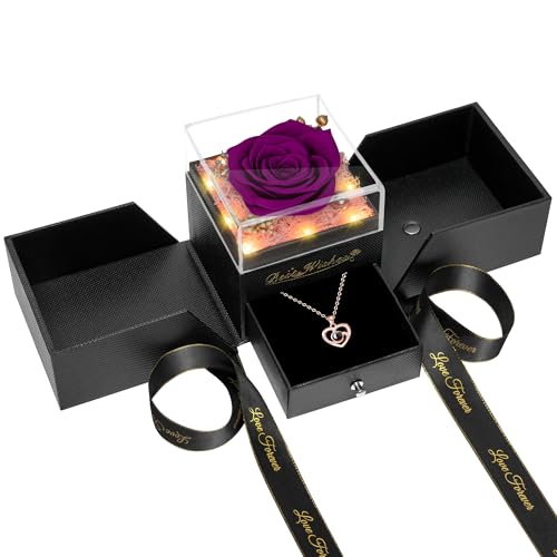 Mothers Day Rose Gifts for Mom,Birthday Gifts for Women,Preserved Red Rose Flower with Necklace and Light,Mom Present for Women,Real Flower for Her,Wife,Grandma,Anniversary,Valentines