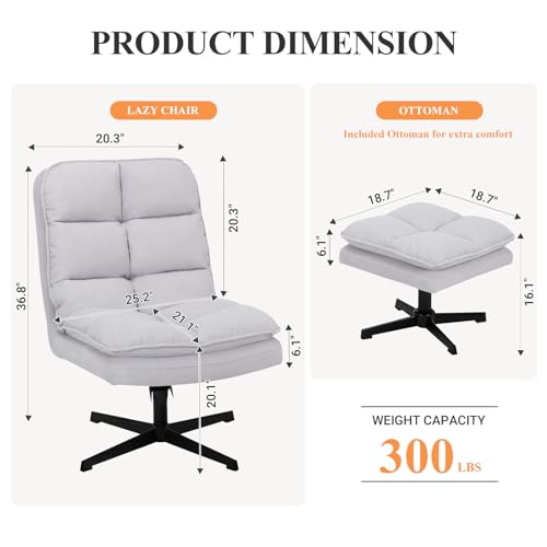 Swivel Accent Reading Chair with Ottoman, Modern Velvet Upholstered Lounge Chair with 360° Swivel and Criss-Cross Legs, Comfy Reading Chair for Bedroom, Living Room, Office,LightGray