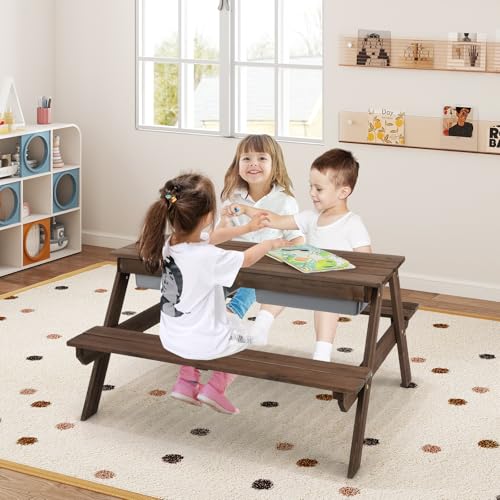 HONEY JOY Kids Picnic Table, 4 in 1 Cedar Wooden Sand & Water Table w/ 2 Removable Box & Umbrella, Kids Picnic Tables for Outdoors Backyard Garden, Toddler Patio Furniture Set for Boys Girls(Natural)