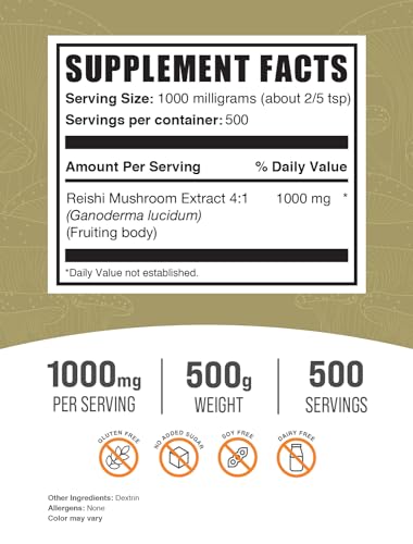 BulkSupplements.com Reishi Mushroom Extract Powder - Ganoderma Lucidum, Reishi Mushroom Supplement - Reishi Mushroom Powder, Gluten Free, 1000mg per Serving, 500g (1.1 lbs) (Pack of 1)
