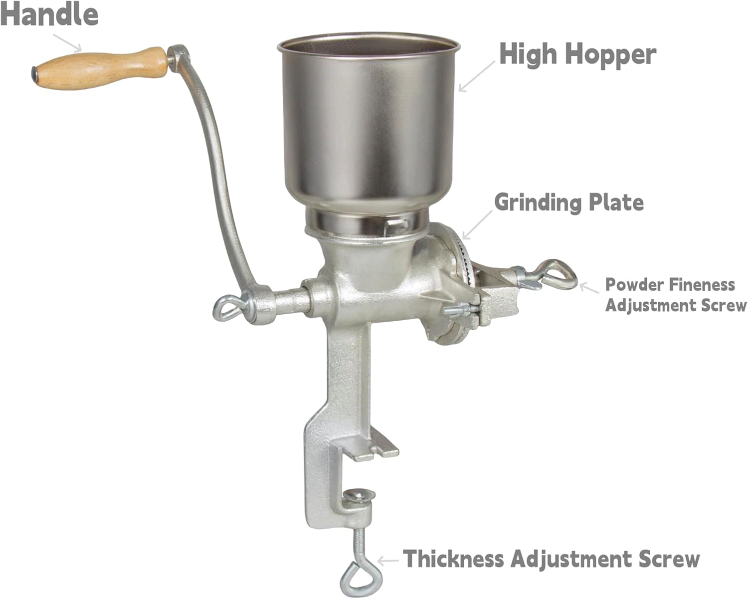 High Hopper Cast Iron Manual Grain Mill-Heavy Duty Grain Grinder, Coffee Grinder-Dry&Wet Grinding for Wheat,Grain,Corn and Flours, Silver