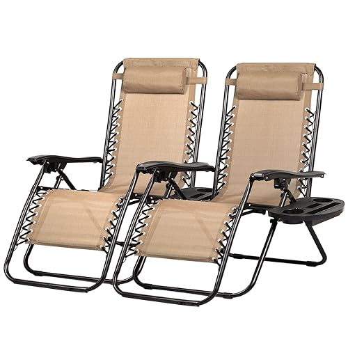 Nazhura Set of 2 Relaxing Recliners Patio Chairs Adjustable Steel Mesh Zero Gravity Lounge Chair Beach Chairs with Pillow and Cup Holder (Dark Green)