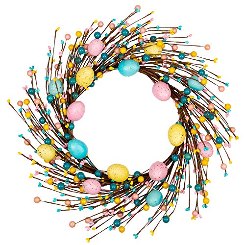 18 inch Easter Wreath Artificial Easter Egg Wreath for Front Door Easter Door Wreath Spring Wreath with Pastel Eggs and Mixed Twigs for Easter Decorations