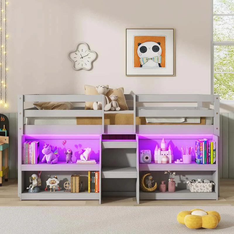 Lit Mezzanine Enfant Taille Twin avec Éclairage LED, Escaliers et Barrière de Sécurité Eletriclife