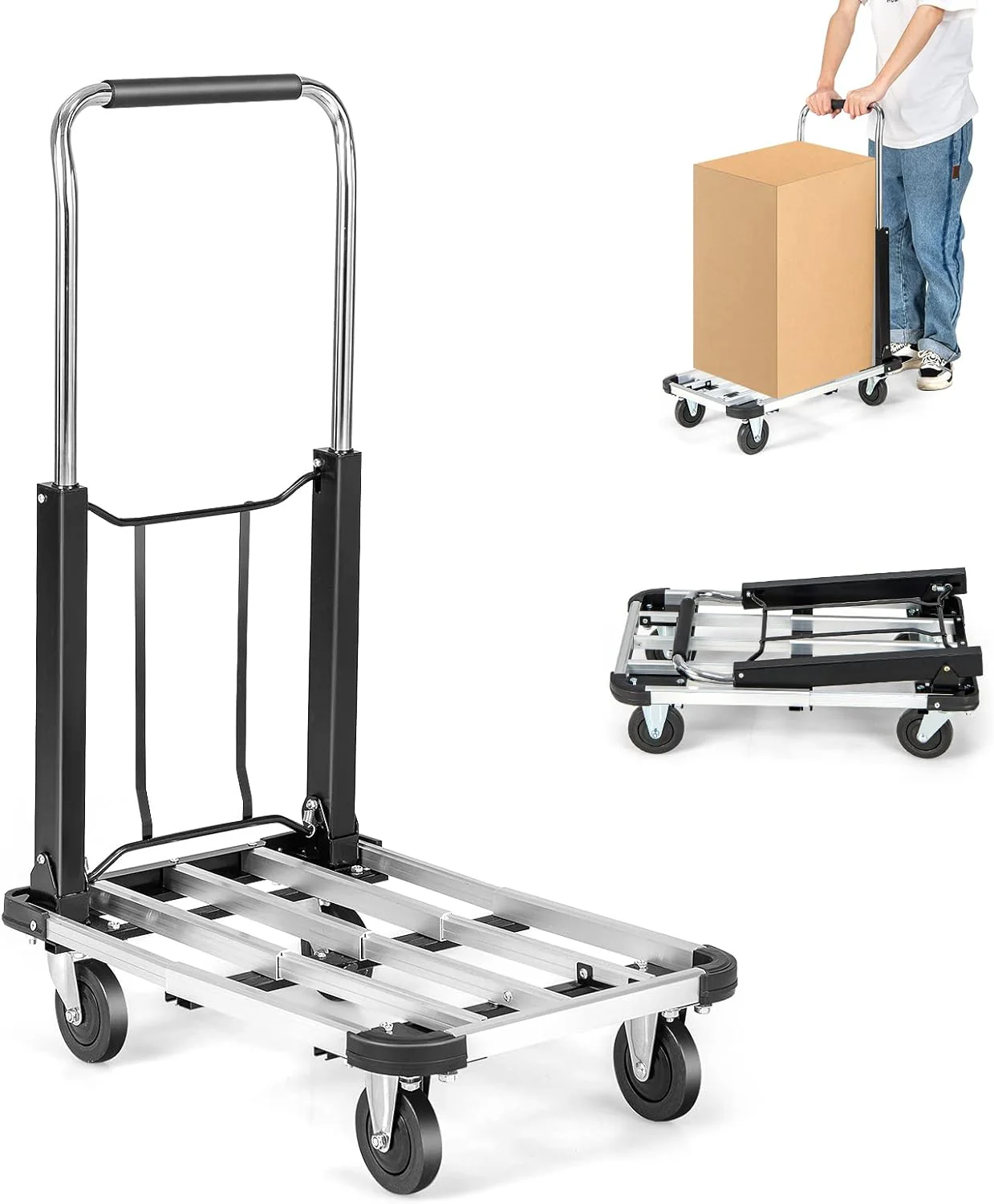 Składany Wózek Transportowy 330 lbs Aluminiowy Wózek Użytkowy z Rozszerzaną i Regulowaną Podstawą