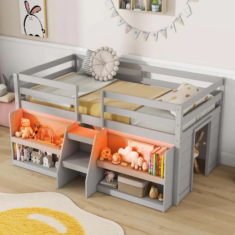 Lit Mezzanine Enfant Taille Twin avec Éclairage LED, Escaliers et Barrière de Sécurité Eletriclife