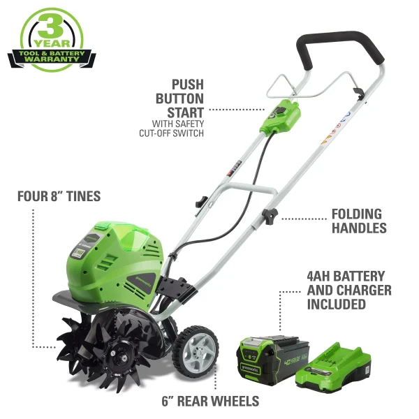 Greenworks 40V 10-calowy Akumulatorowy Glebogryzarka/Tiller z Baterią 40 Ah i Ładowarką, 27062