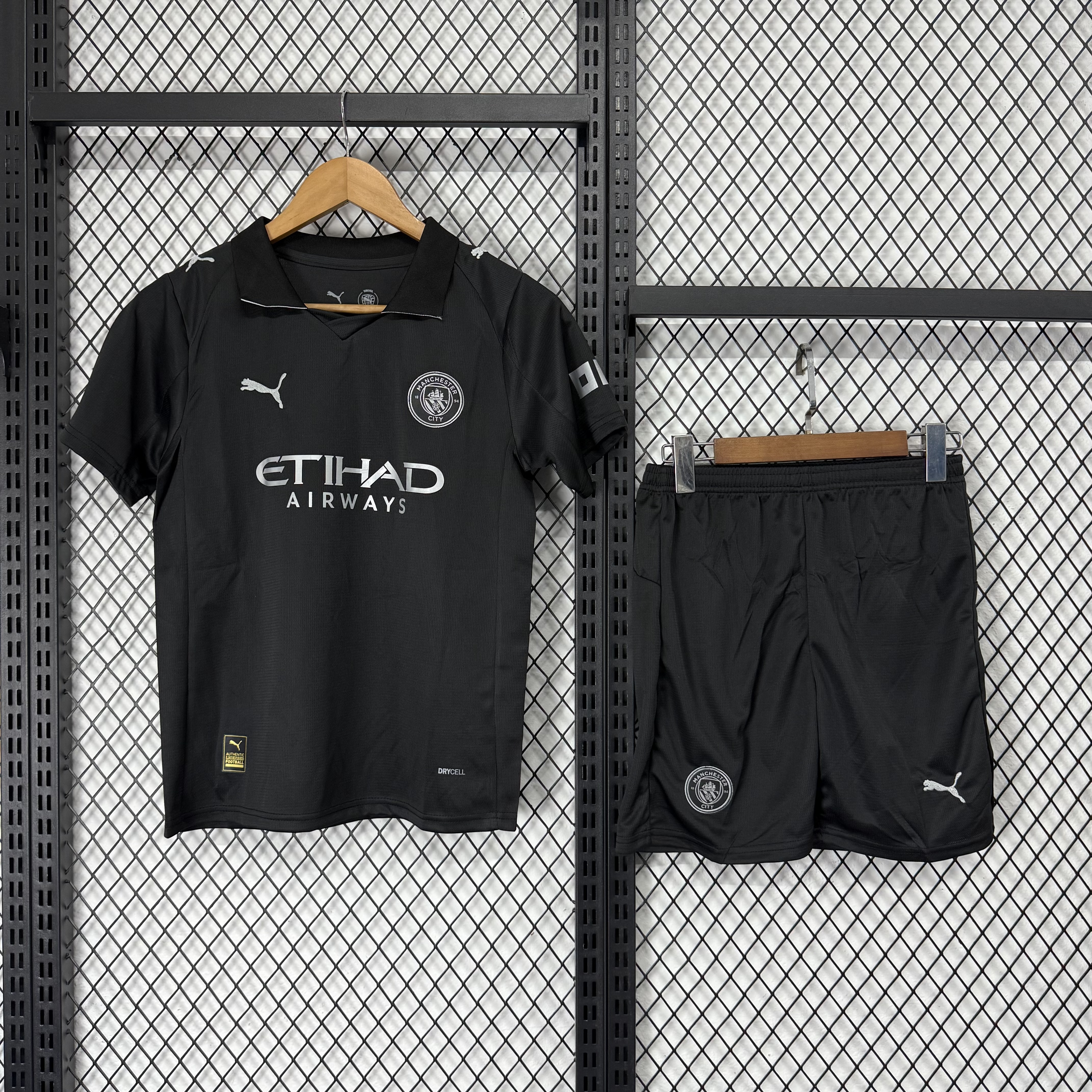 Manchester City 25/26 black away kids jersey kit
