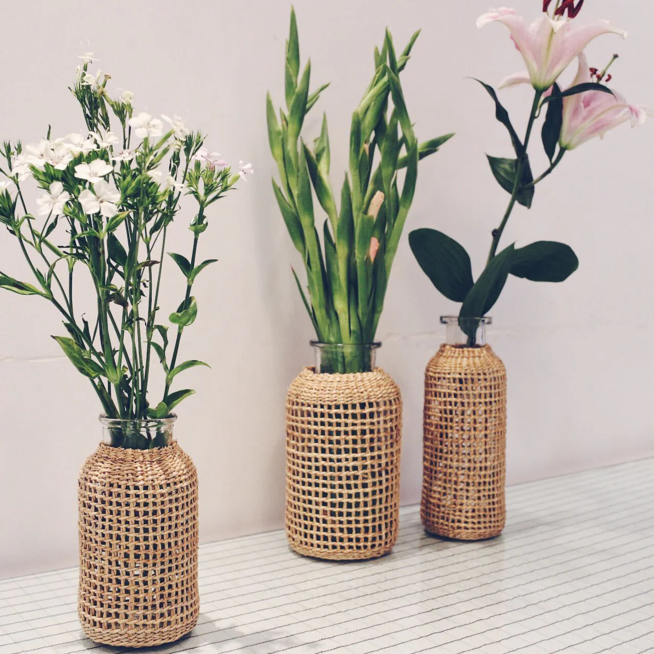Large Flower Glass Vase with Hand Woven Straw Cover