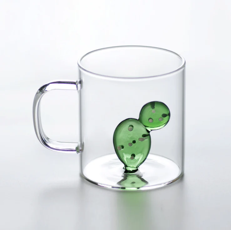 Glass Coffee Mugs with 3D cactus on the bottom