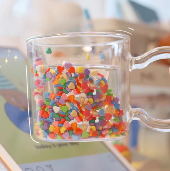 Insulated Glass Coffee Mugs with Floating Hearts