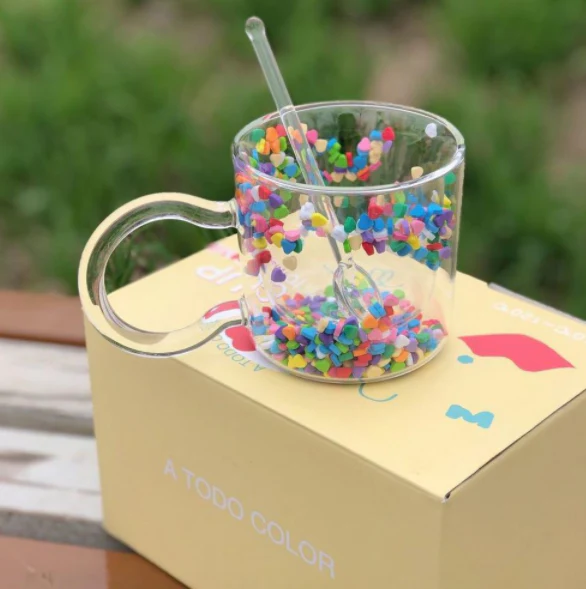 Insulated Glass Coffee Mugs with Floating Hearts
