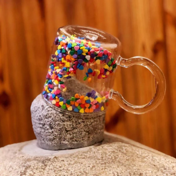 Insulated Glass Coffee Mugs with Floating Hearts