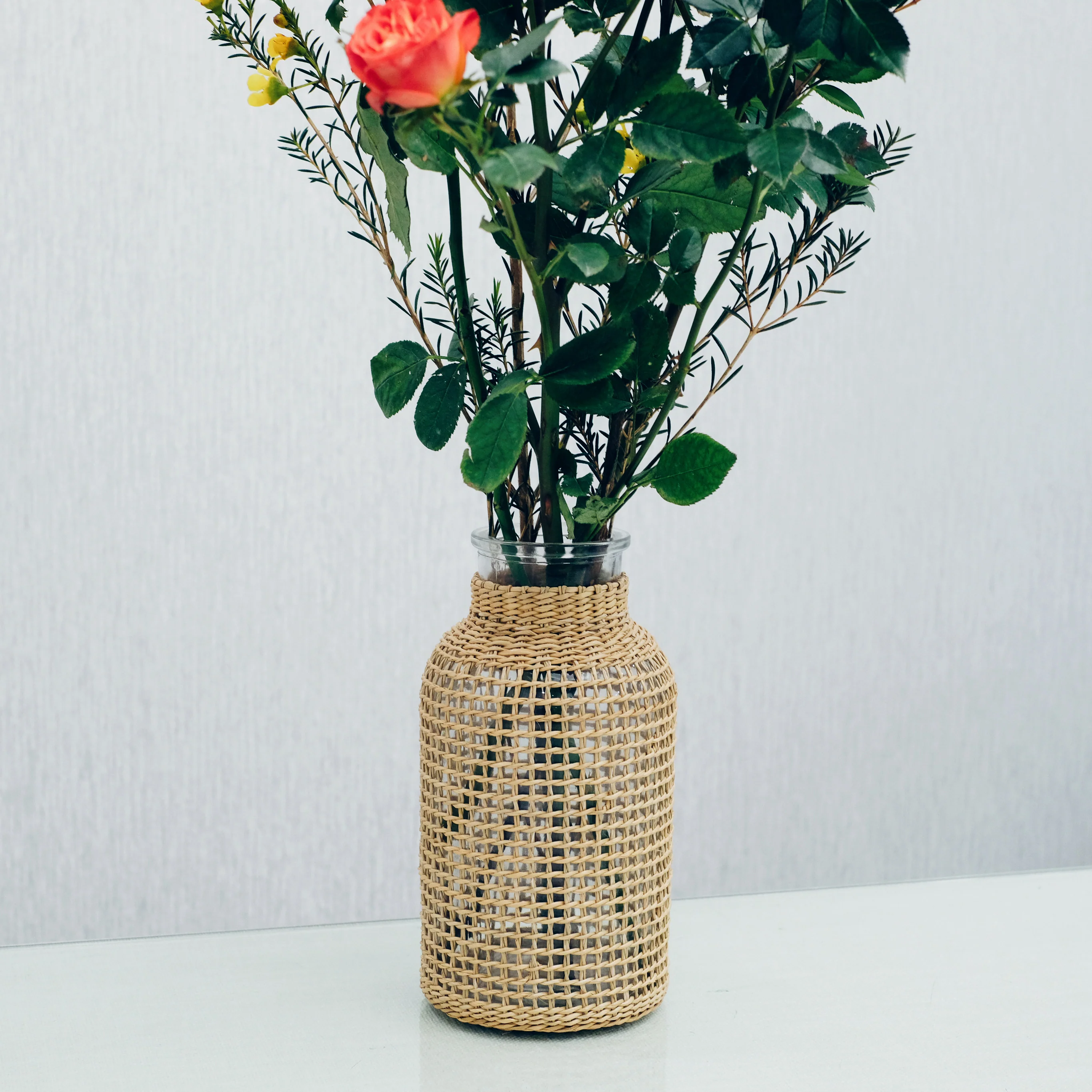 Large Flower Glass Vase with Hand Woven Straw Cover