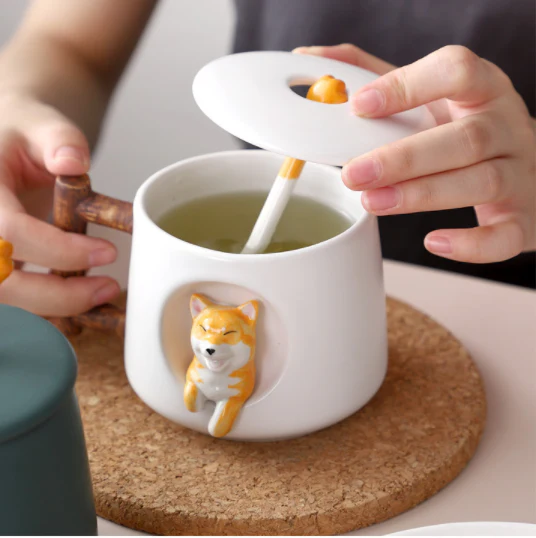 Cute 3D Shiba Inu Ceramic Coffee Mug with Lid