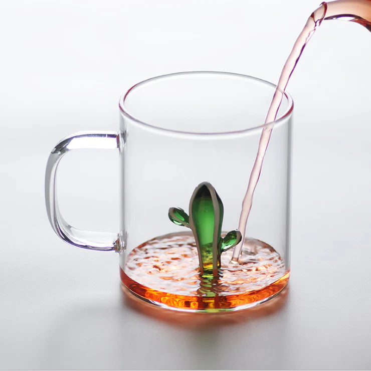 Glass Coffee Mugs with 3D cactus on the bottom