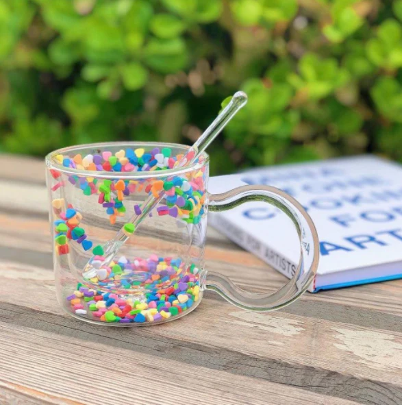 Insulated Glass Coffee Mugs with Floating Hearts