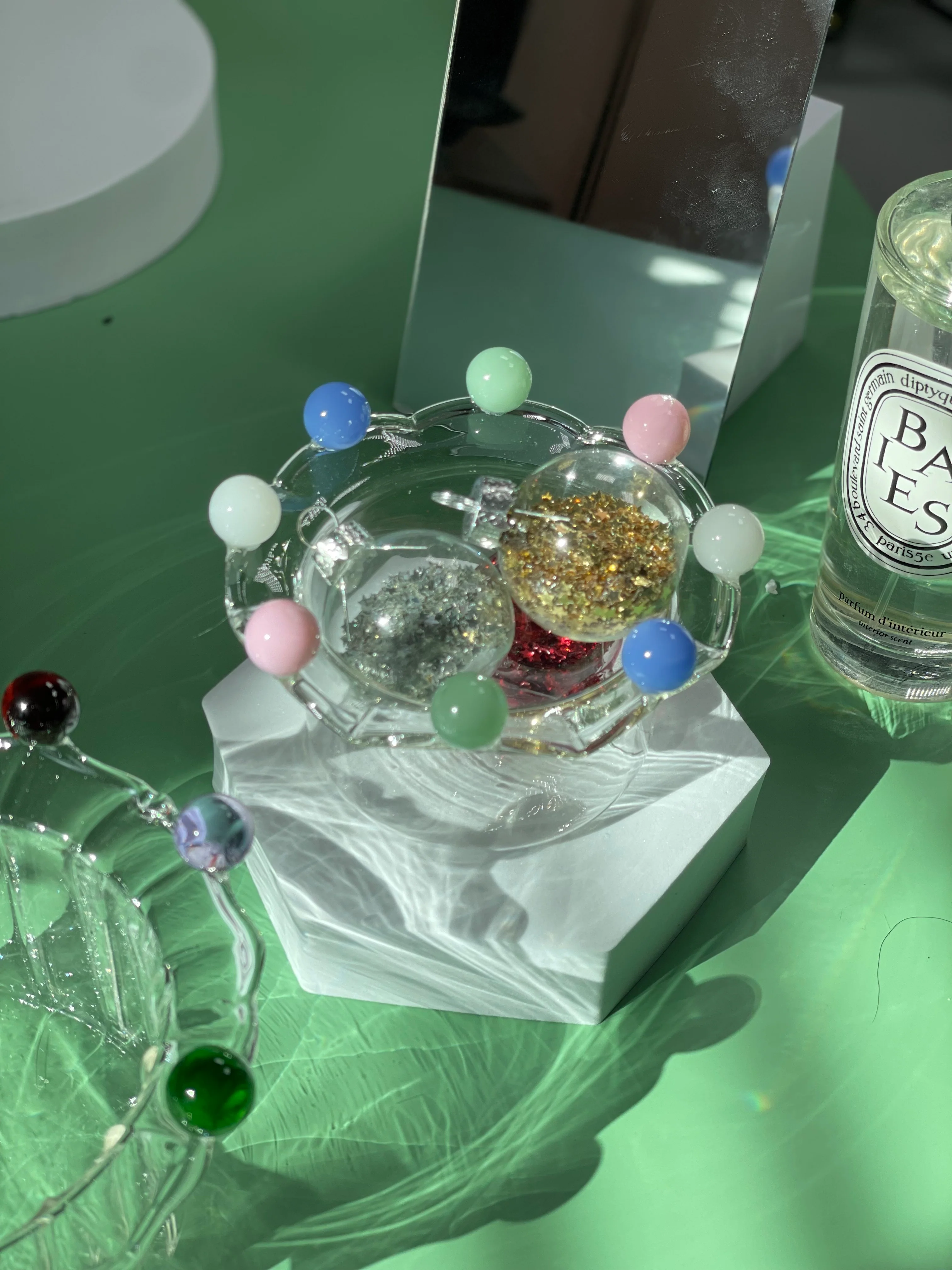 Wavy Flower Shaped Glass Dessert Bowl with Colorful Beads