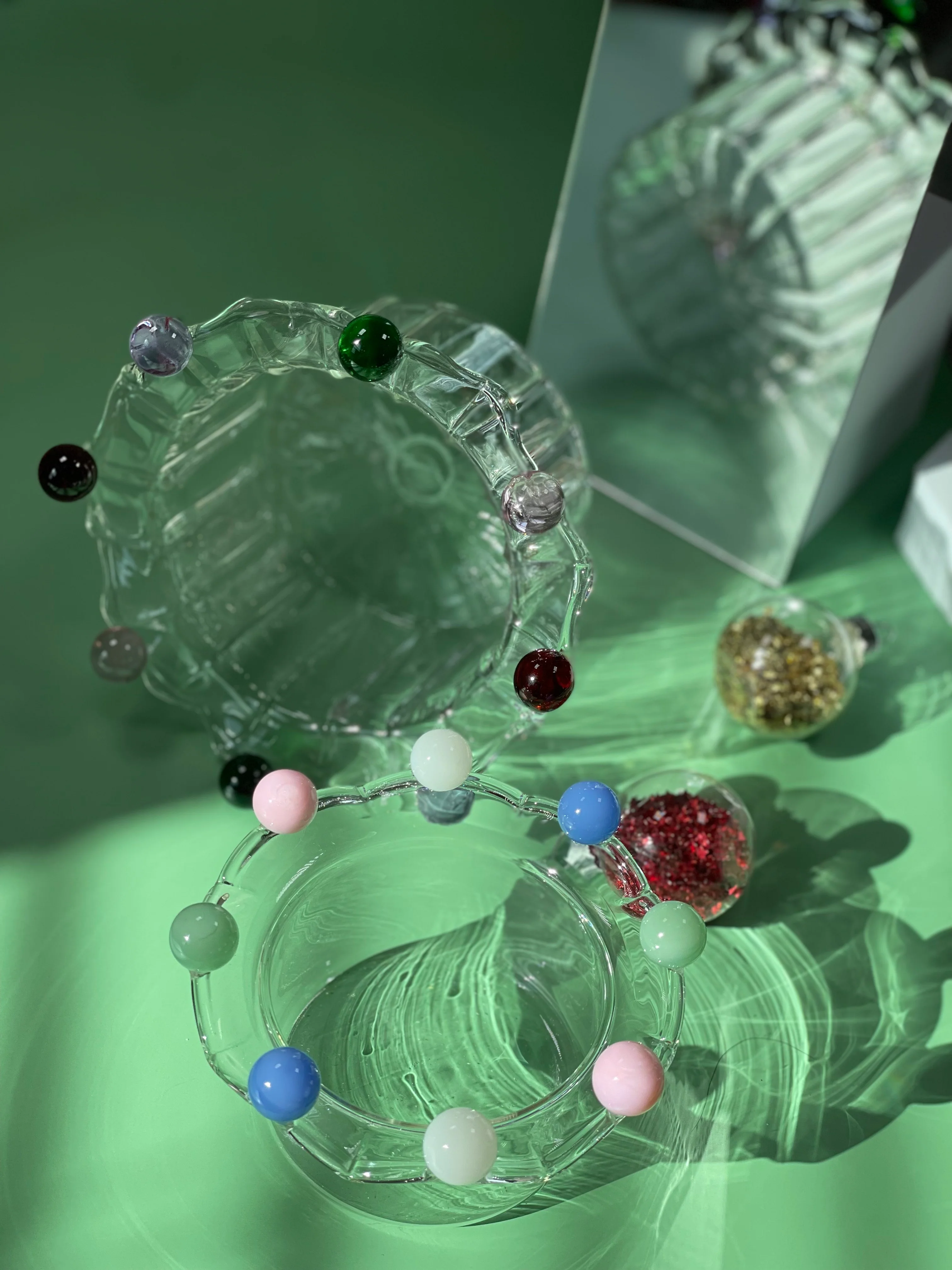 Wavy Flower Shaped Glass Dessert Bowl with Colorful Beads