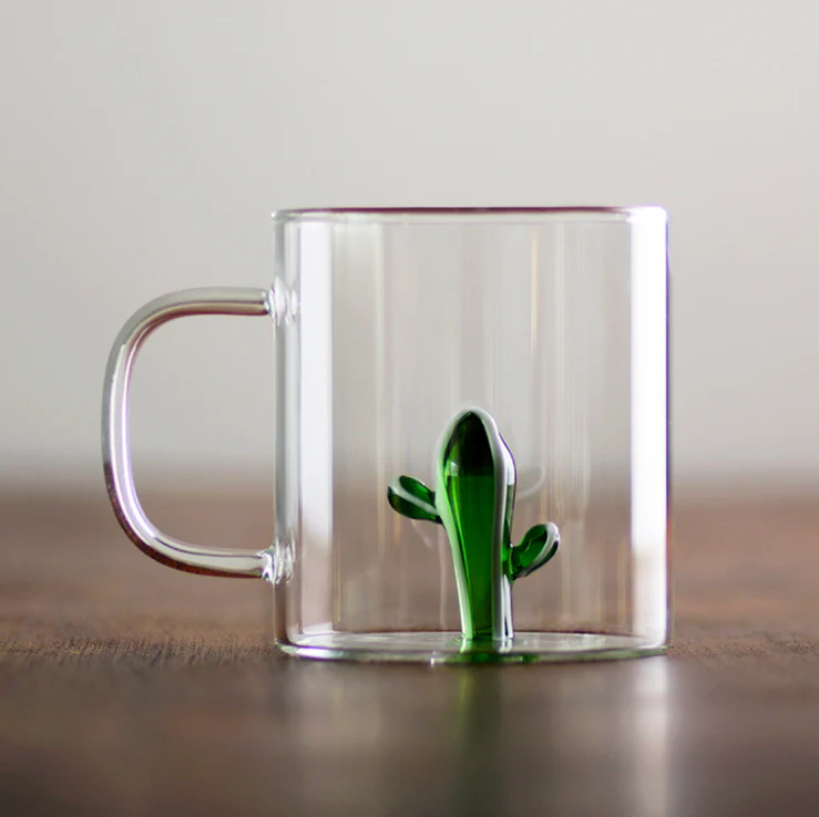 Glass Coffee Mugs with 3D cactus on the bottom
