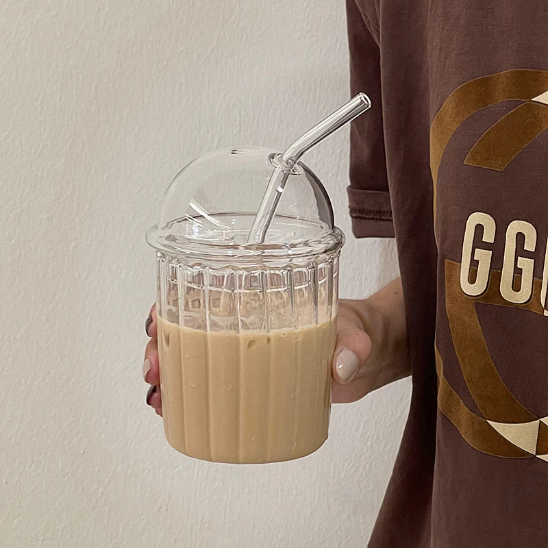 Mushroom Style Dome Lid Glass Coffee Cup with Straw