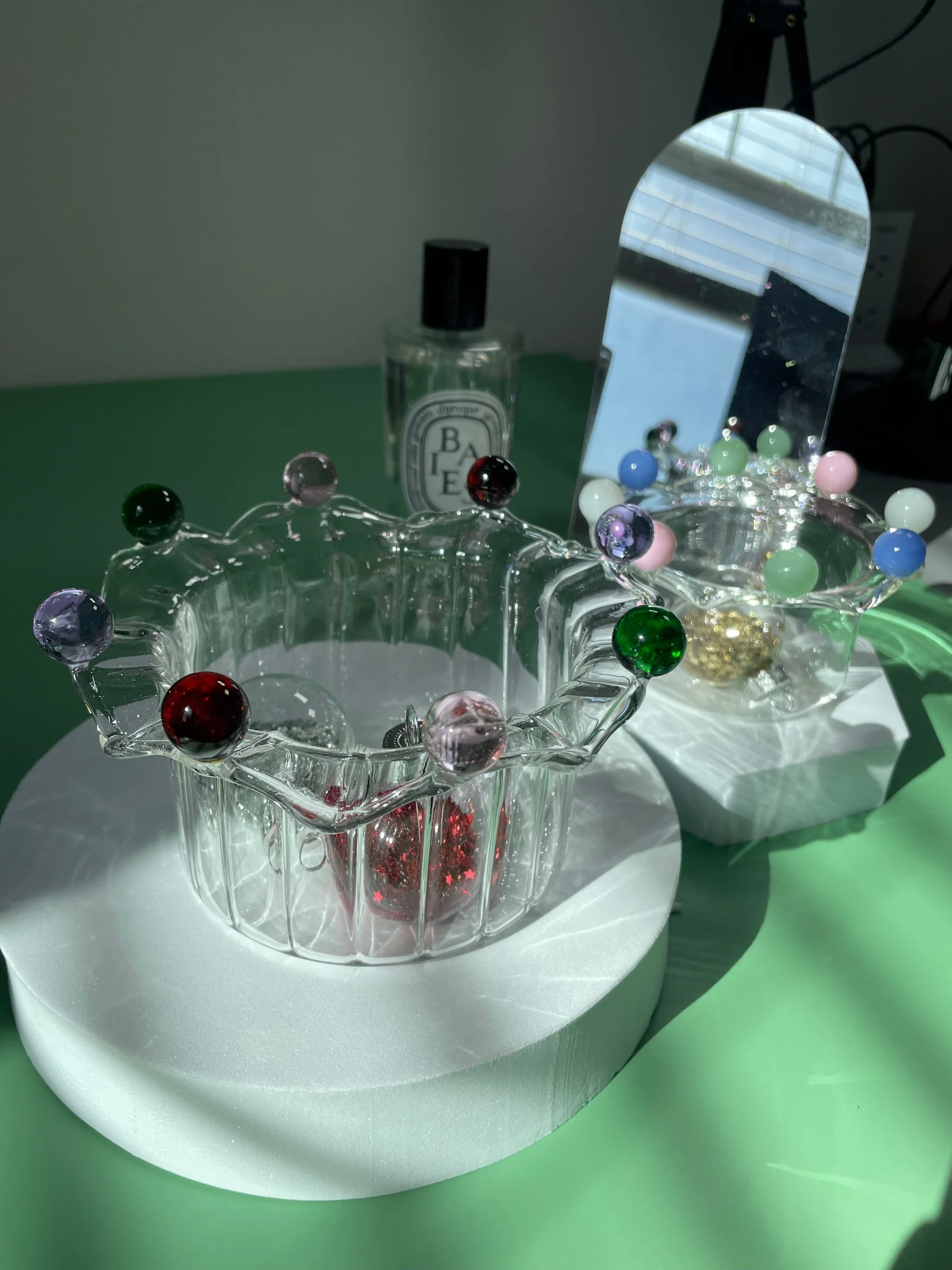 Wavy Flower Shaped Glass Dessert Bowl with Colorful Beads