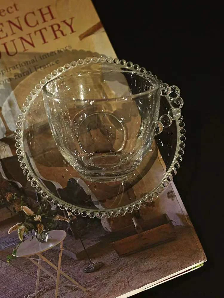 Raindrop Beads Handle Clear Glass Coffee Cup and Saucer