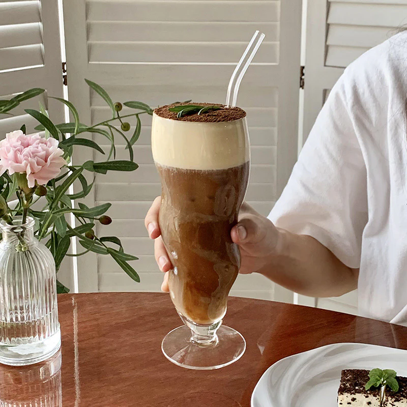 Twisty Chubby Ice Coffee Glass with Stem and Complimentary Straw