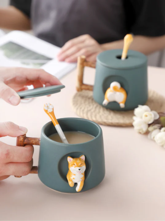 Cute 3D Shiba Inu Ceramic Coffee Mug with Lid