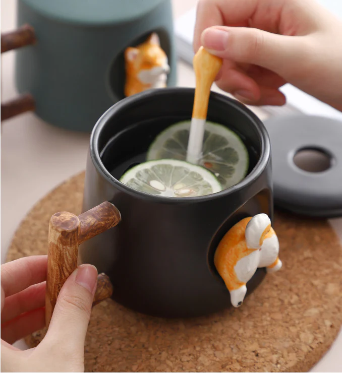 Cute 3D Shiba Inu Ceramic Coffee Mug with Lid