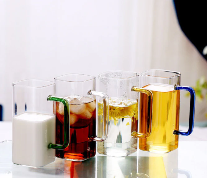 Handmade Square 400ml Drinking Glasses with Handle - Set of 4