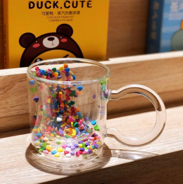 Insulated Glass Coffee Mugs with Floating Hearts