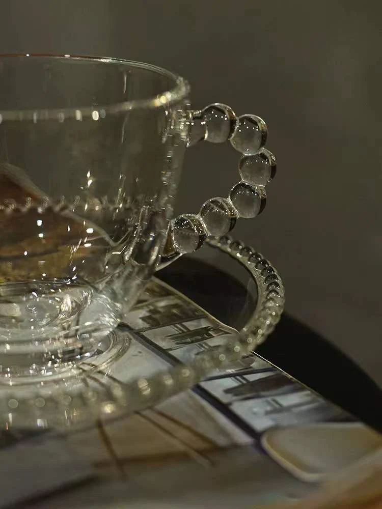 Raindrop Beads Handle Clear Glass Coffee Cup and Saucer