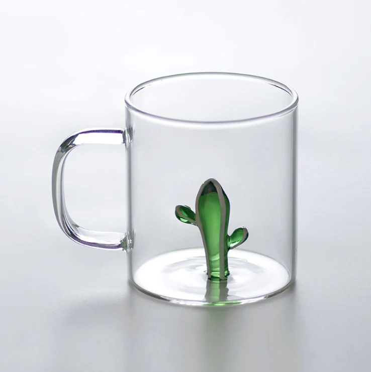 Glass Coffee Mugs with 3D cactus on the bottom