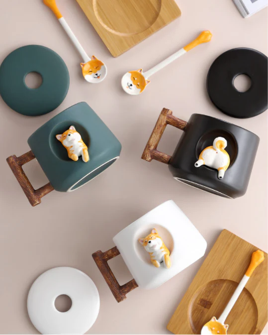 Cute 3D Shiba Inu Ceramic Coffee Mug with Lid