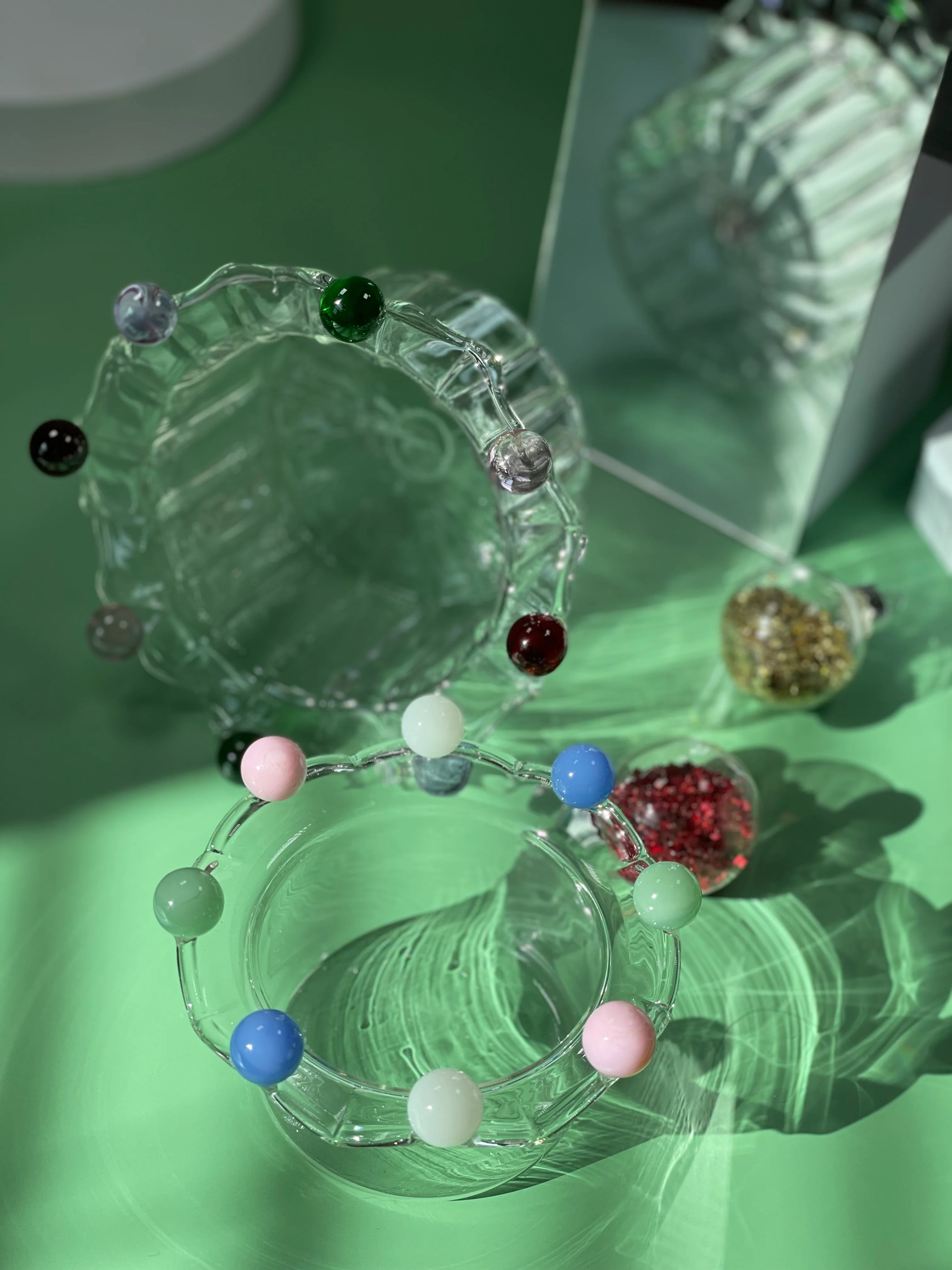 Wavy Flower Shaped Glass Dessert Bowl with Colorful Beads