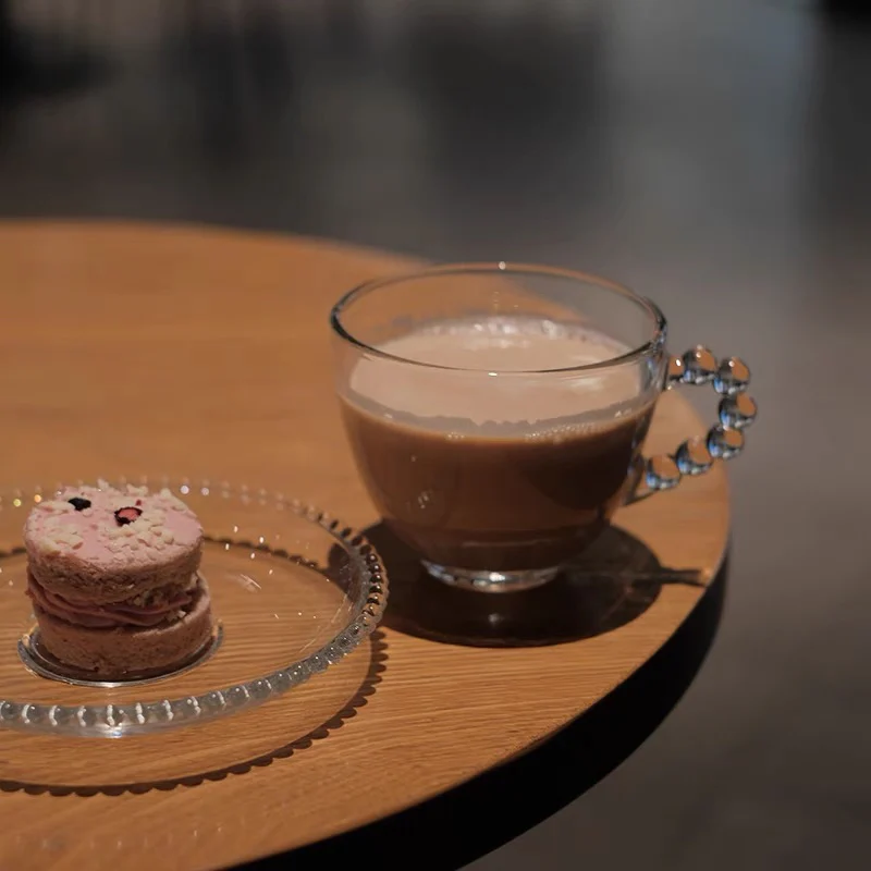 Raindrop Beads Handle Clear Glass Coffee Cup and Saucer